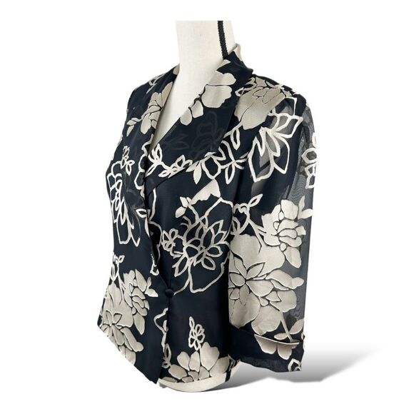 Alex Evenings Lined Blouse/Blazer 3/4 Sheer Sleeve Black/Taupe Floral Y2K Vibe M - Picture 2 of 12